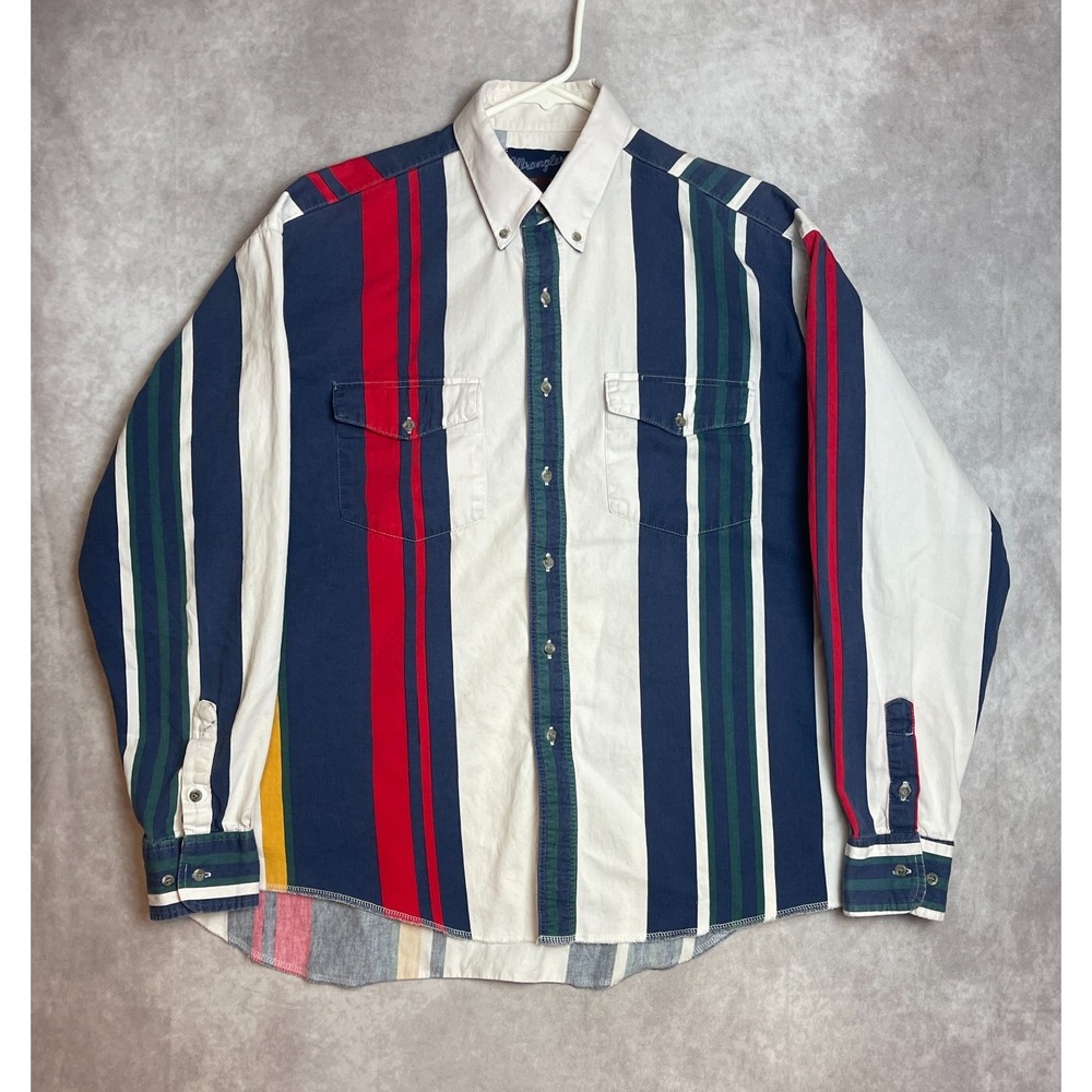 VTG Wrangler Brushpopper Shirt Mens 16.5 36 Blue Aztec Button Up Western 90s